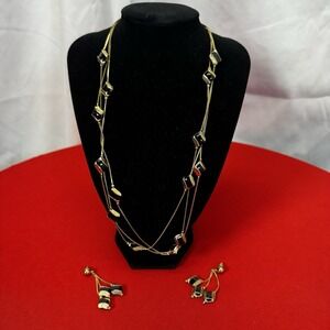 Vtg Gold Tone Dangle Earrings With Necklace Black Enamel Inlay & Ball Stud Close